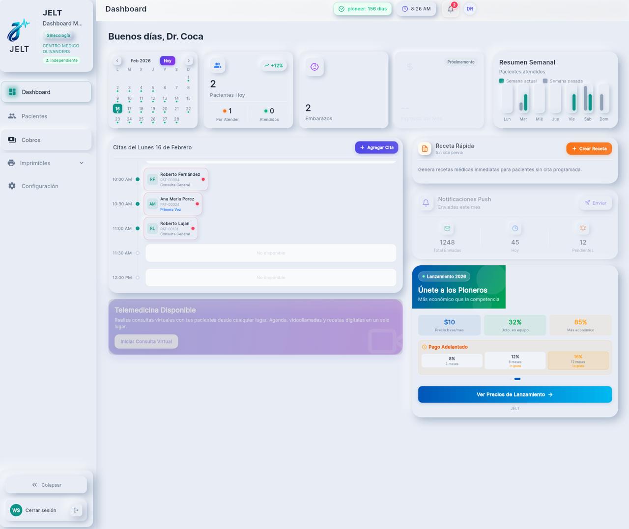 Dashboard JELT — Agenda médica y gestión de pacientes